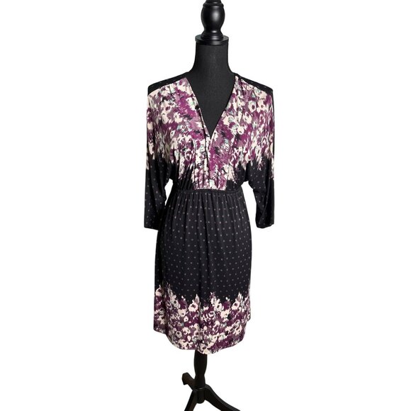 Soma Women's Black with Purple Abstract Floral V Neck Dress S - Picture 1 of 7